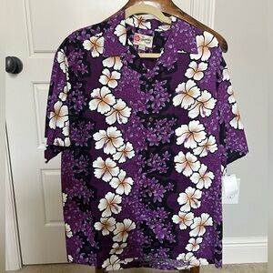 NWT Hilo Hatties Hawaiian Original Polo Button Up Purple and Gold